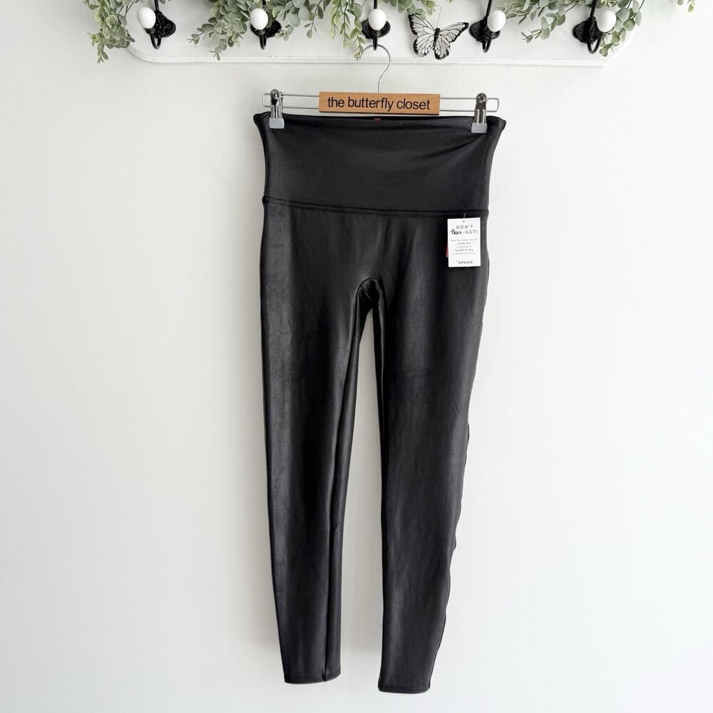 Spanx Black Faux Leather Leggings Pants Shape Wear Shiny Size XL E812
